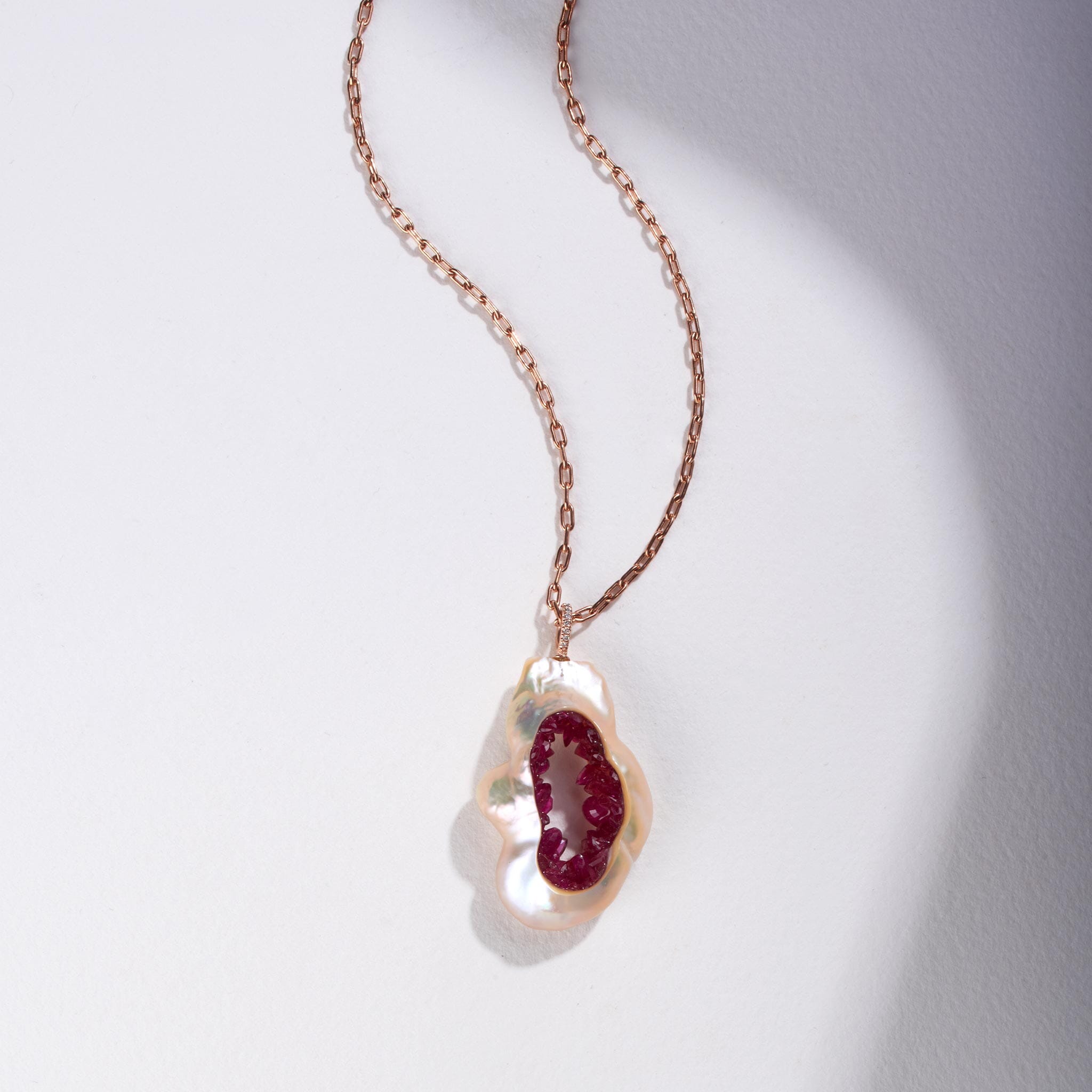 Freshwater Souffle Pearl Grotto Pendant with Ruby and Diamond Bail