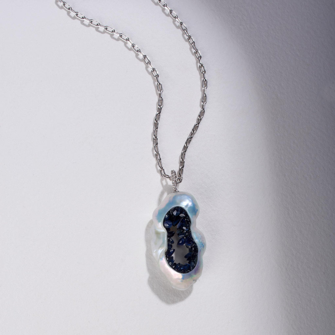 Freshwater Souffle Pearl Grotto Pendant with Blue Sapphire and Diamond Bail