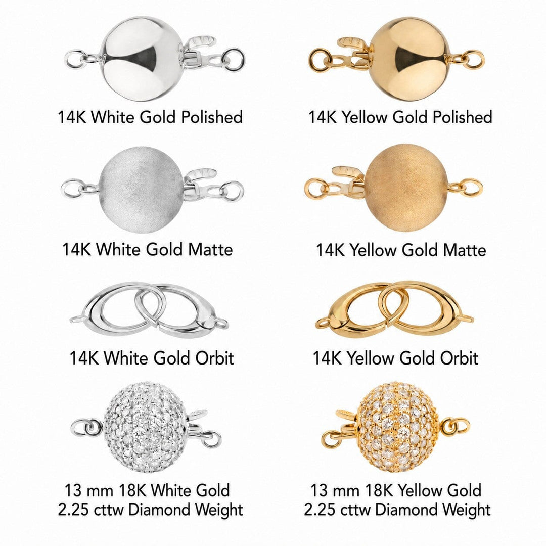 13 mm clasps options in 14 karat white or yellow gold or 18 karat white or yellow gold with diamonds