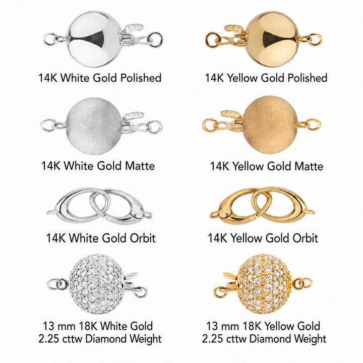 13 mm clasps options in 14 karat white or yellow gold or 18 karat white or yellow gold with diamonds