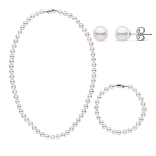 3-Piece Set of 6.0-6.5 mm AA+ White Akoya Pearls featuring a classic pearl necklace, matching pearl bracelet, and pearl stud earrings with a lustrous finish.