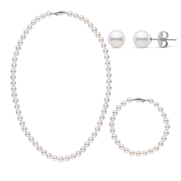 3-Piece Set of 6.0-6.5 mm AA+ White Akoya Pearls featuring a classic pearl necklace, matching pearl bracelet, and pearl stud earrings with a lustrous finish.