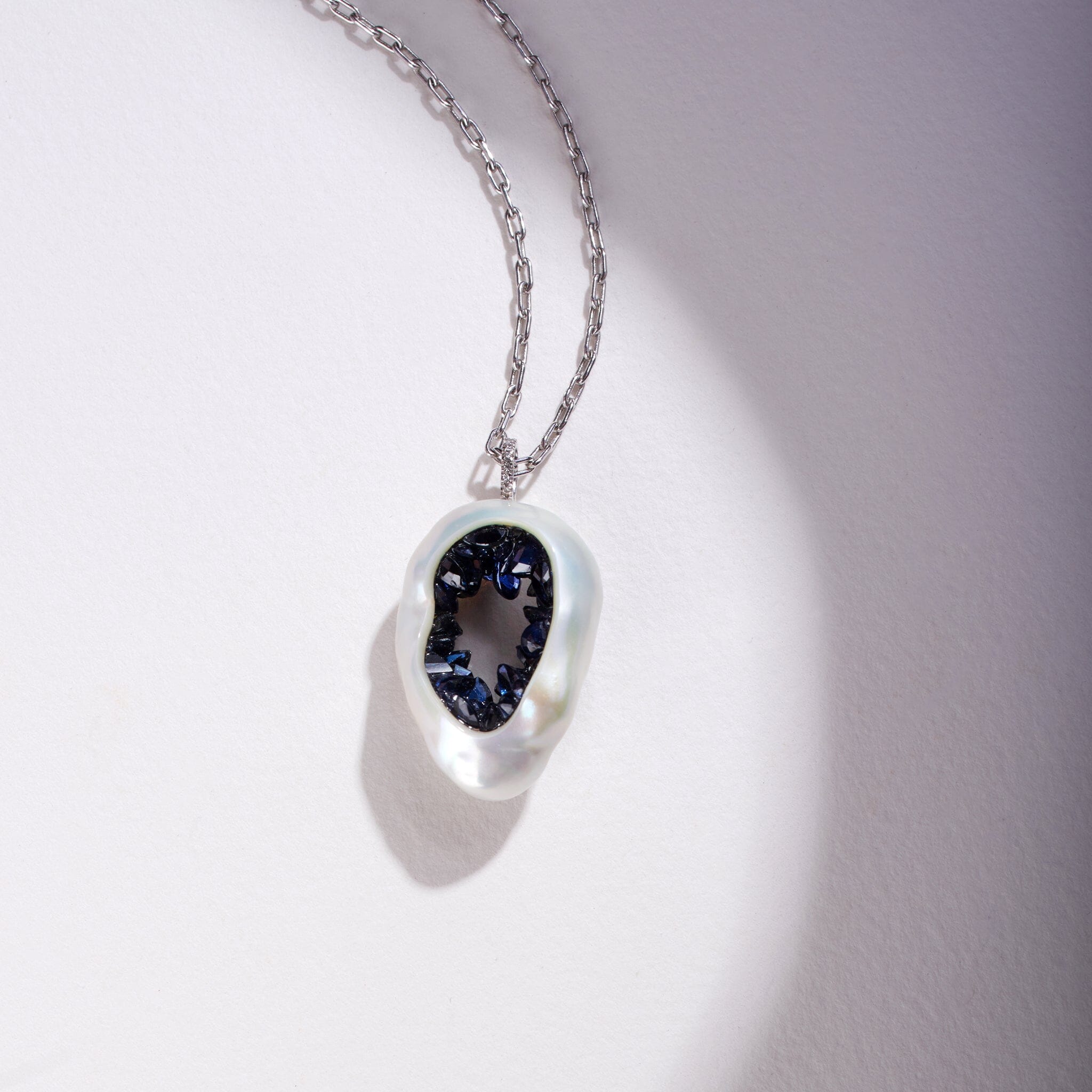 Freshwater Souffle Pearl Grotto Pendant with Blue Sapphires and Diamond Bail