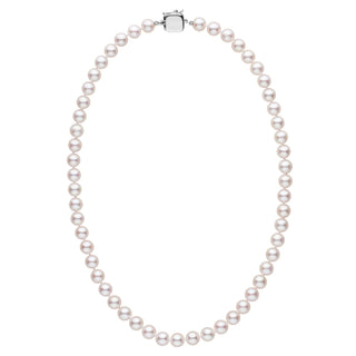 Personalized 18 Inch 7.5-8.0 mm AAA Akoya Pearl Square Clasp Necklace featuring lustrous white cultured akoya pearls with a modern square clasp in white metal.