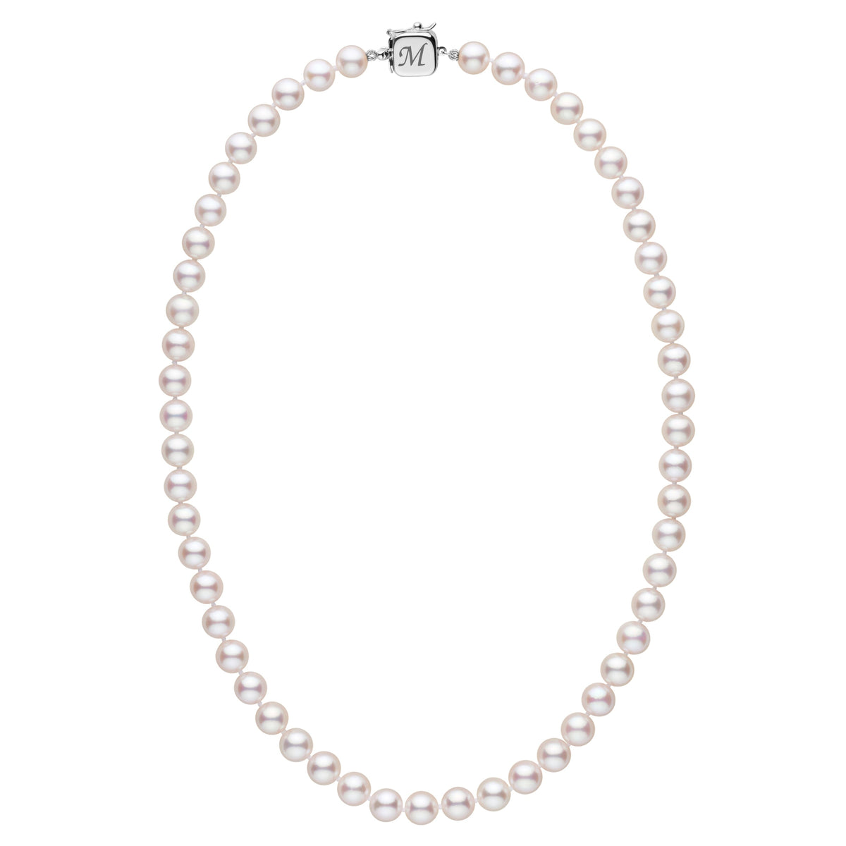 Personalized 18 Inch 7.5-8.0 mm AAA Akoya Pearl Square Clasp Necklace featuring round white akoya pearls with a polished square clasp engraved with an initial.