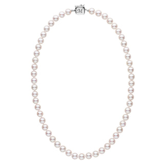 Personalized 18 Inch 7.5-8.0 mm AAA Akoya Pearl Square Clasp Necklace featuring round white akoya pearls with a polished square clasp engraved with an initial.