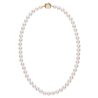 Personalized 18 Inch 7.5-8.0 mm AAA Akoya Pearl Square Clasp Necklace featuring lustrous white cultured akoya pearls and a sleek square gold clasp for an elegant finish.