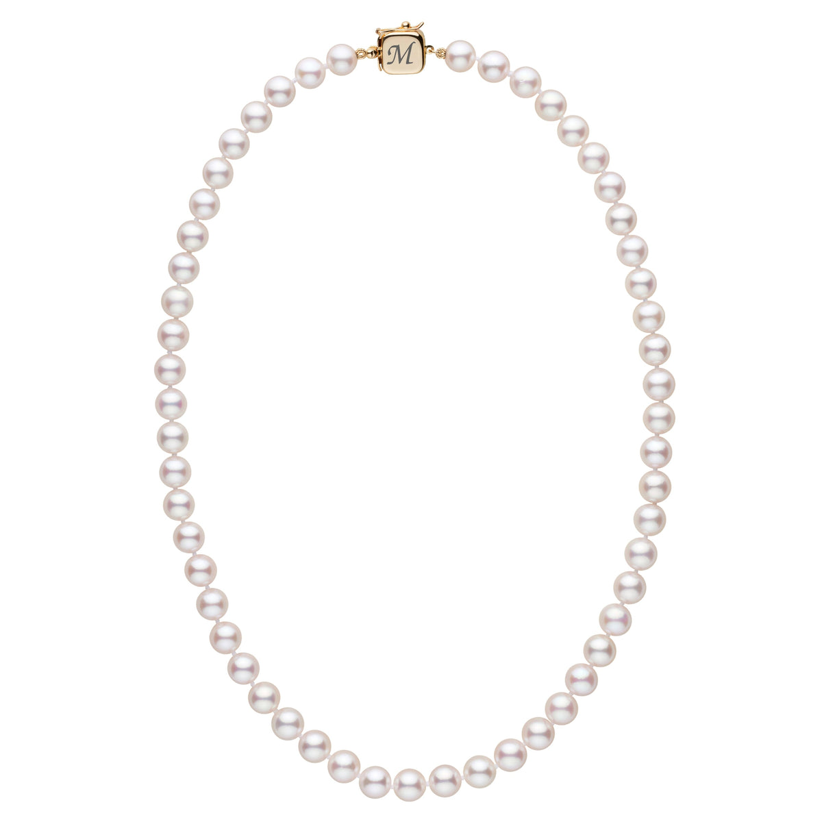 Personalized 18 Inch 7.5-8.0 mm AAA Akoya Pearl Square Clasp Necklace featuring lustrous white akoya pearls with a gold square clasp engraved with a custom initial.