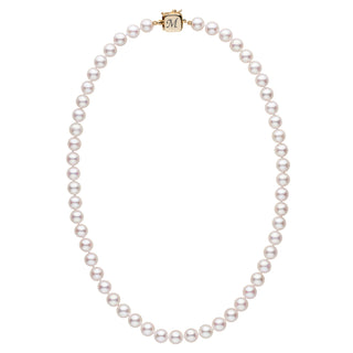 Personalized 18 Inch 7.5-8.0 mm AAA Akoya Pearl Square Clasp Necklace featuring lustrous white akoya pearls with a gold square clasp engraved with a custom initial.
