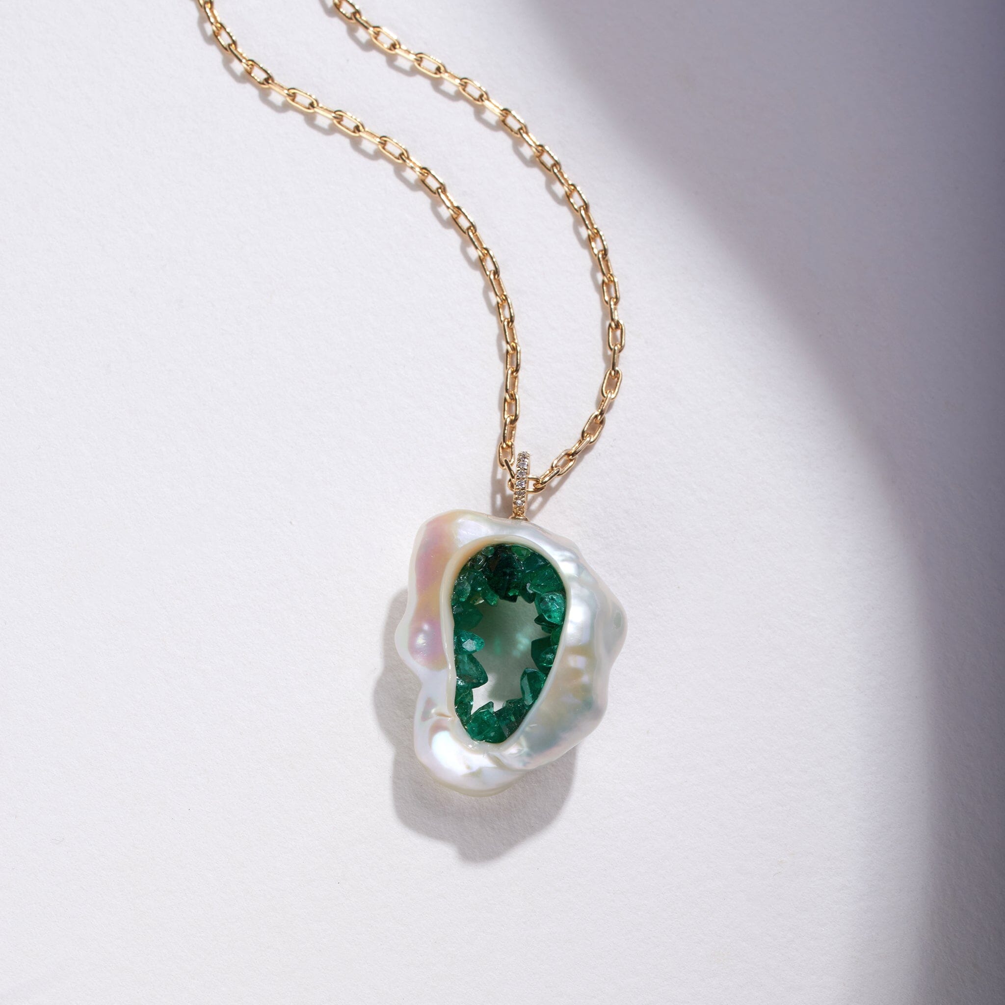 Freshwater Souffle Pearl Grotto Pendant with Emeralds and Diamond Bail