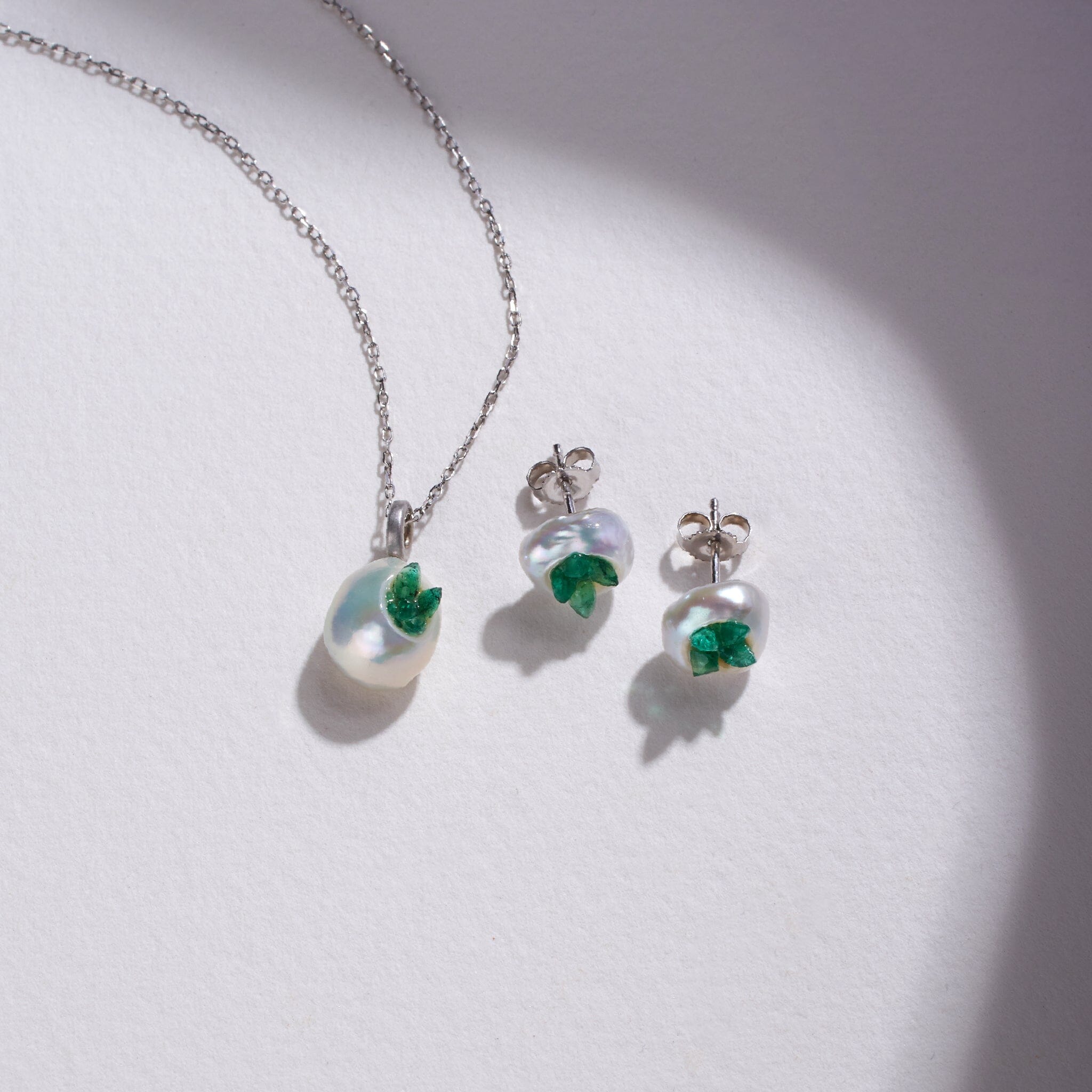 Piccolo Point Collection: Freshwater Pearl Pendant and Stud Earrings Set with Emeralds