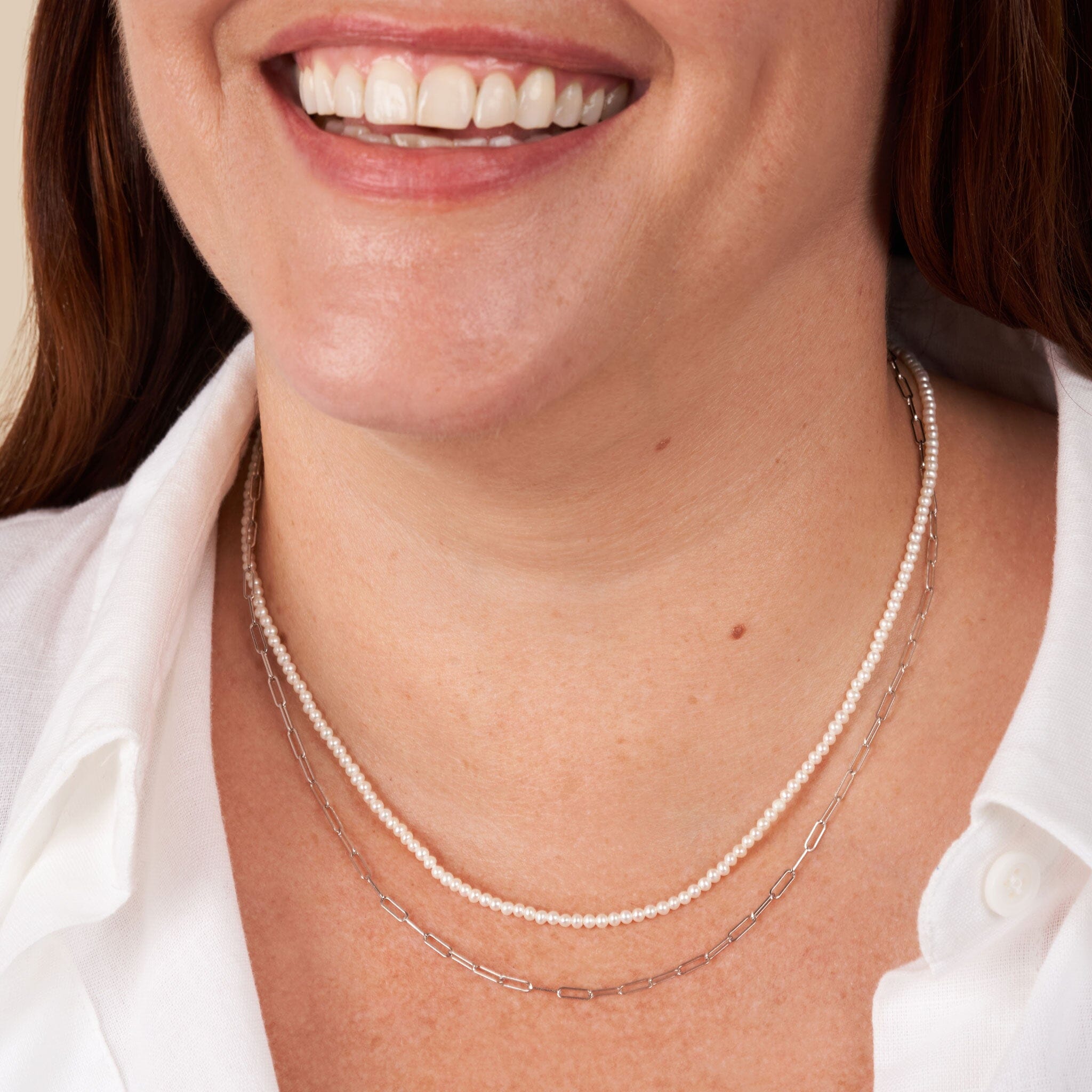 2.5-3.0 mm AAA Freshwater Pearl Necklace with Paperclip Chain Set - White Gold, 18 inch on model