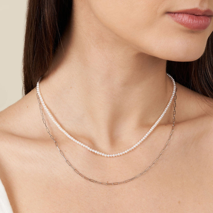 2.5-3.0 mm AAA Freshwater Pearl Necklace with Paperclip Chain Set - White Gold, 16 inch on model