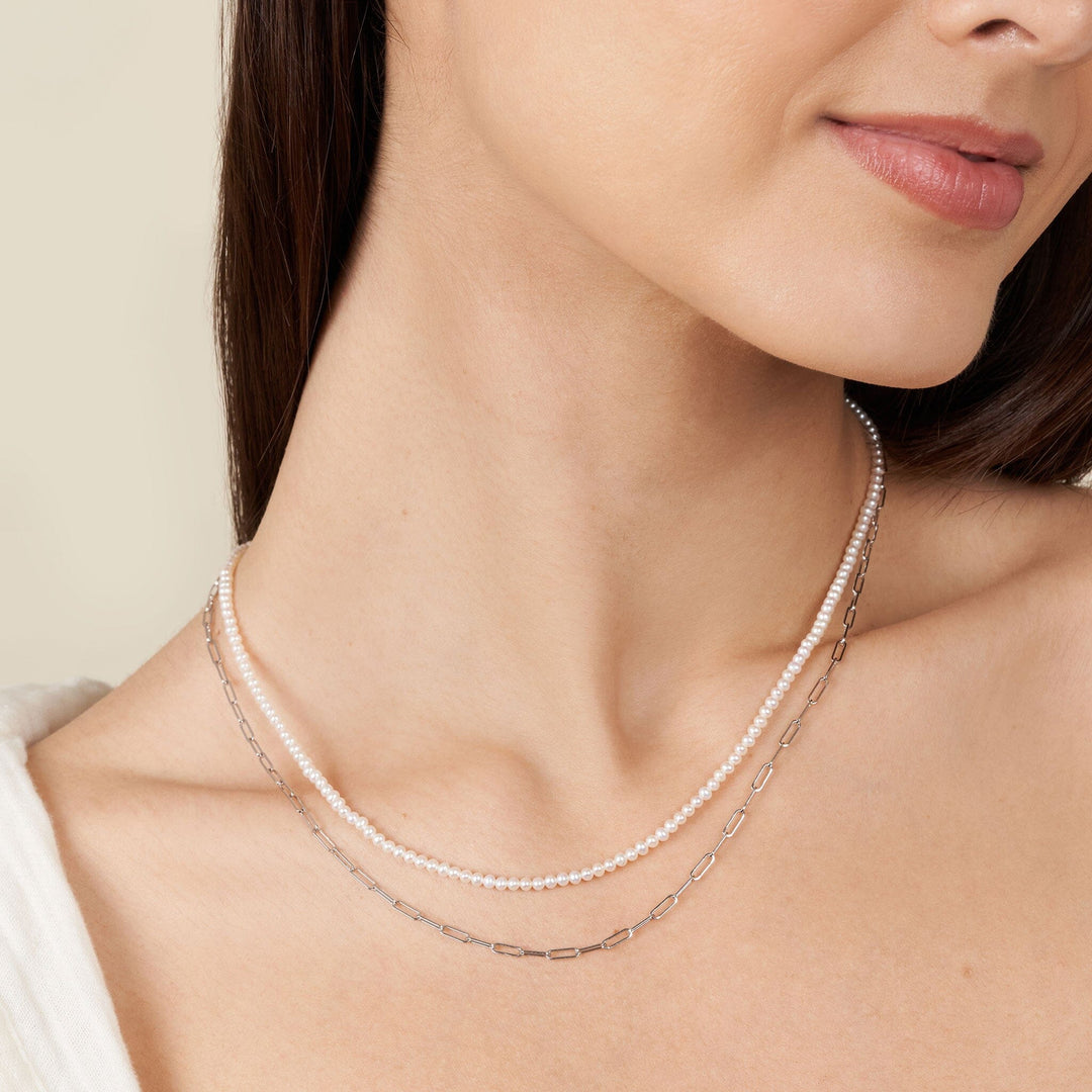 2.5-3.0 mm AAA Freshwater Pearl Necklace with Paperclip Chain Set - White Gold, 18 inch on model 2