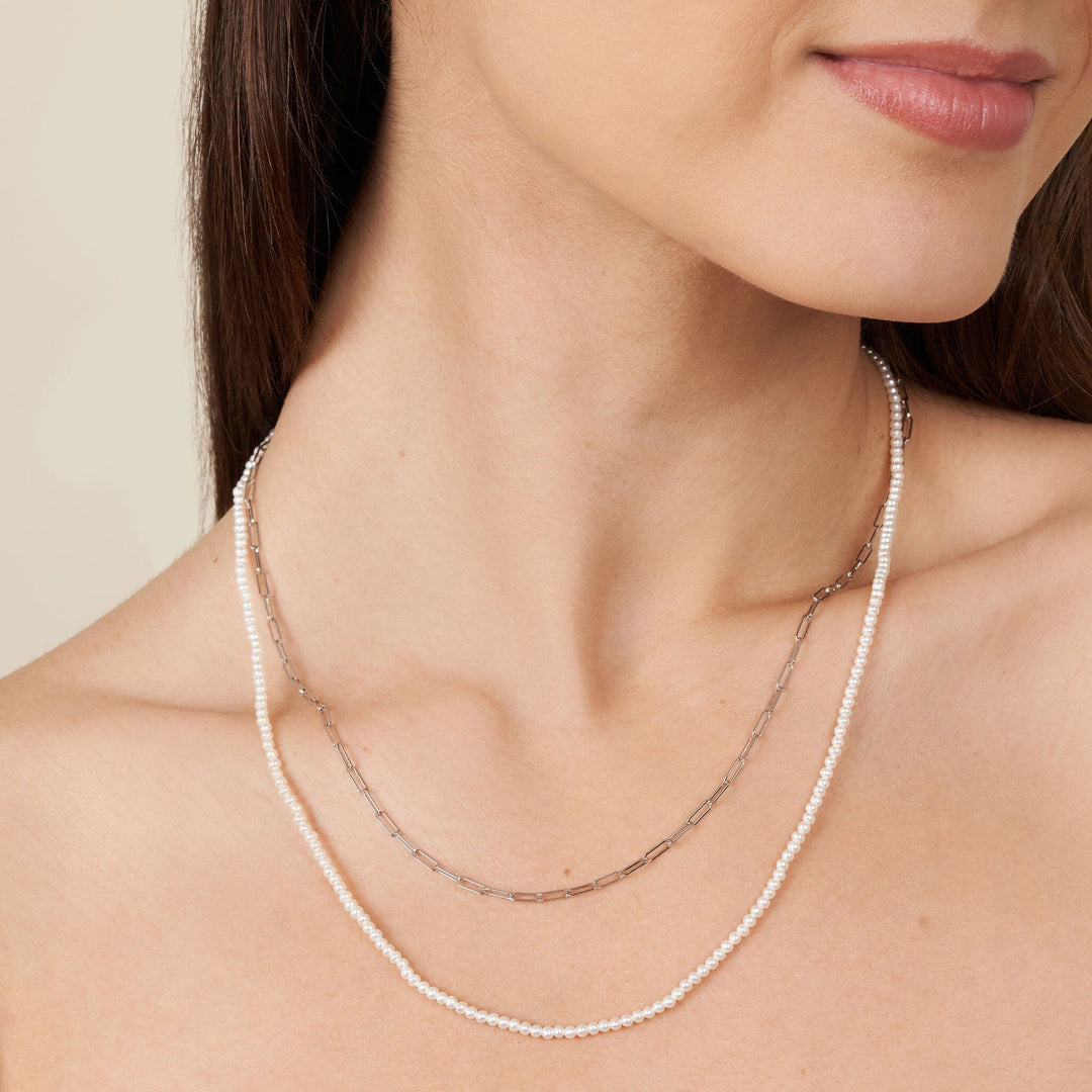 2.5-3.0 mm AAA Freshwater Pearl Necklace with Paperclip Chain Set - White Gold, 20 inch on model 2