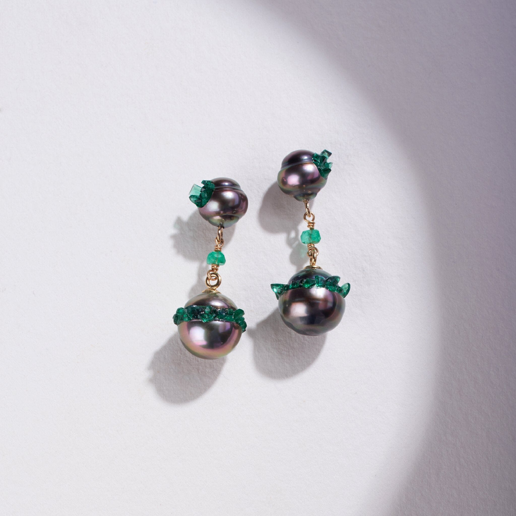 Tahitian Round and Baroque Pearl Point and Spiral Dangle Earrings with Emeralds