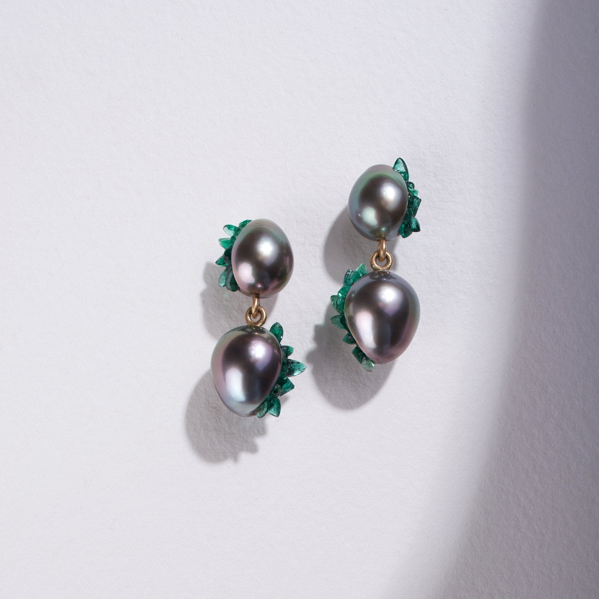 Tahitian Drop Pearl Spiral Dangle Earrings with Emeralds