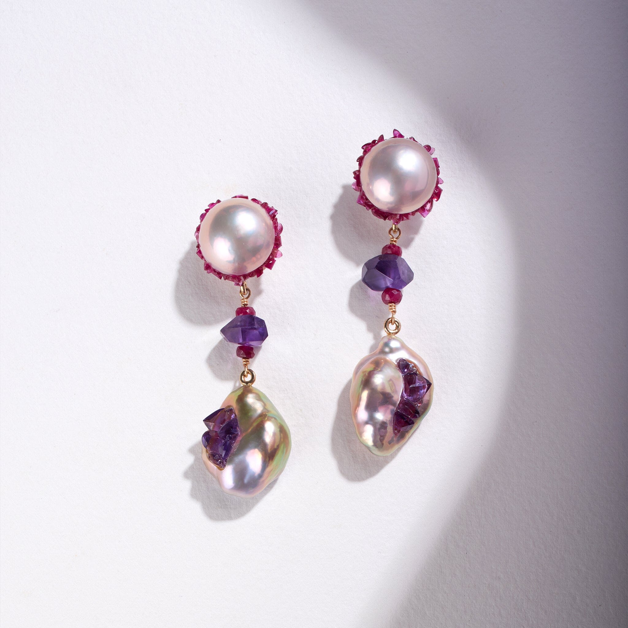 Freshwater Edison and Souffle Pearl Spiral Statement Earrings with Ruby and Amethyst