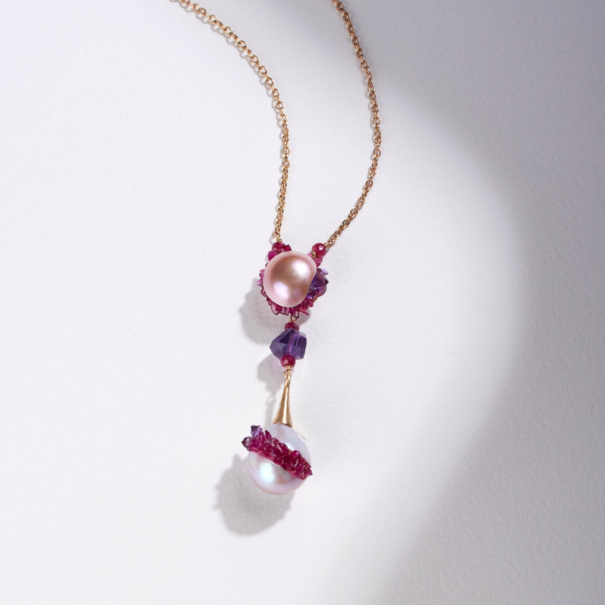 Freshwater Edison and Souffle Pearl Spiral Statement Pendant with Ruby and Amethyst