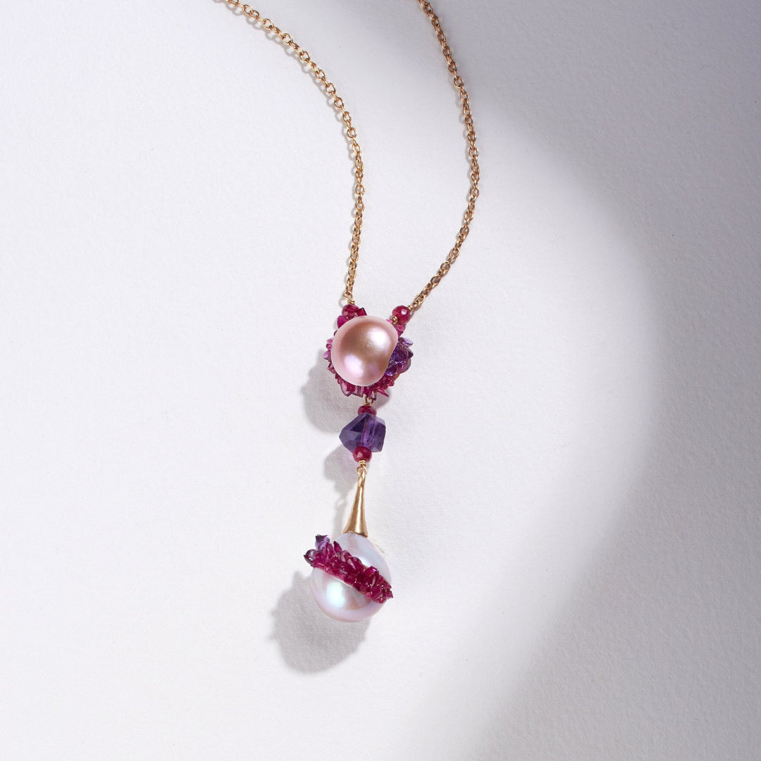 Freshwater Edison and Souffle Pearl Spiral Statement Pendant with Ruby and Amethyst