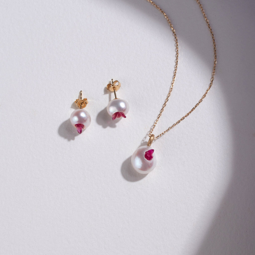 Piccolo Point Collection: Freshwater Pearl Pendant and Stud Earrings Set with Rubies