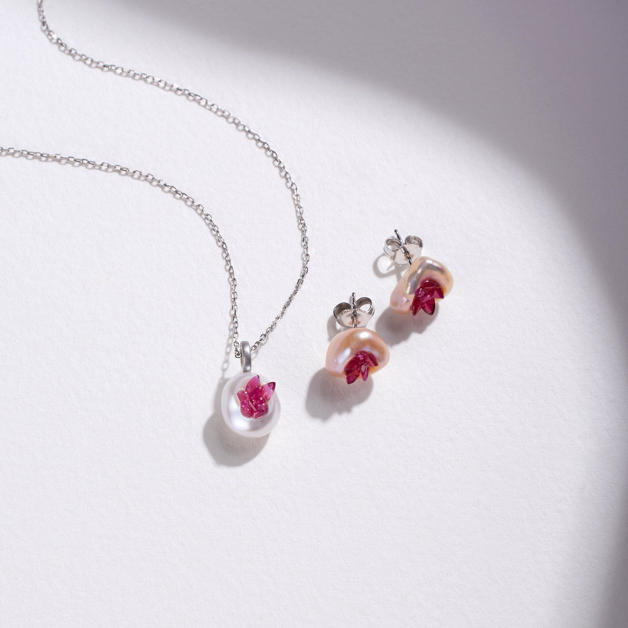 Piccolo Point Collection: Freshwater Pearl Pendant and Stud Earrings Set with Rubies