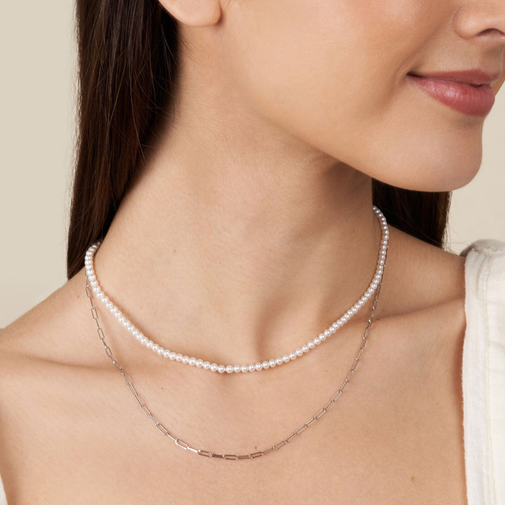 3.0-3.5 mm AAA Freshwater Pearl Necklace with Paperclip Chain Set - White Gold, 16 Inch on model 2
