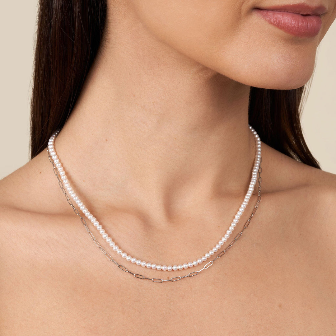 3.0-3.5 mm AAA Freshwater Pearl Necklace with Paperclip Chain Set - White Gold, 18 Inch on model 2
