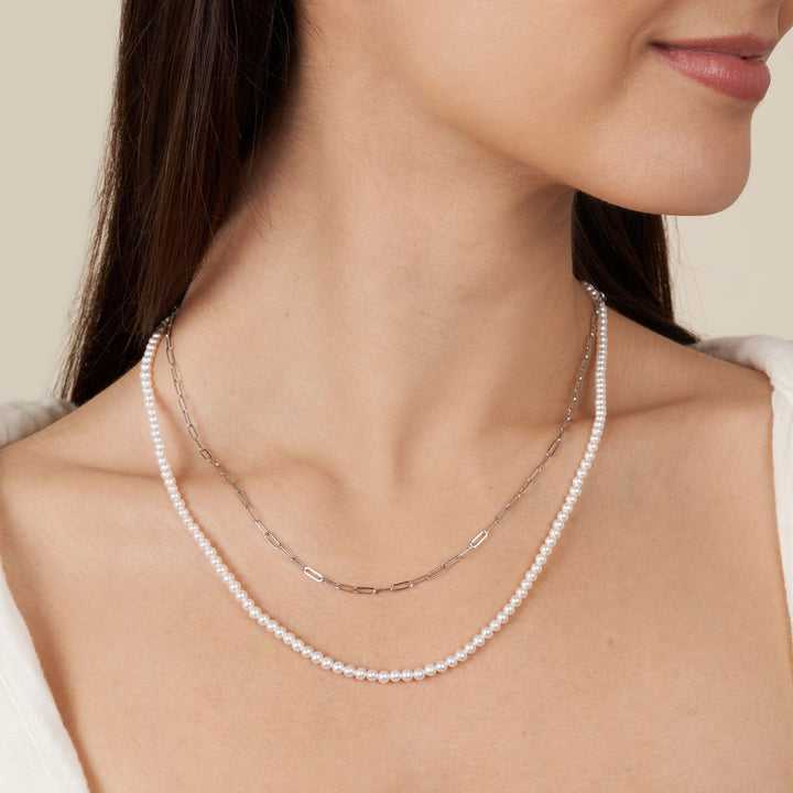 3.0-3.5 mm AAA Freshwater Pearl Necklace with Paperclip Chain Set - White Gold, 20 Inch on model