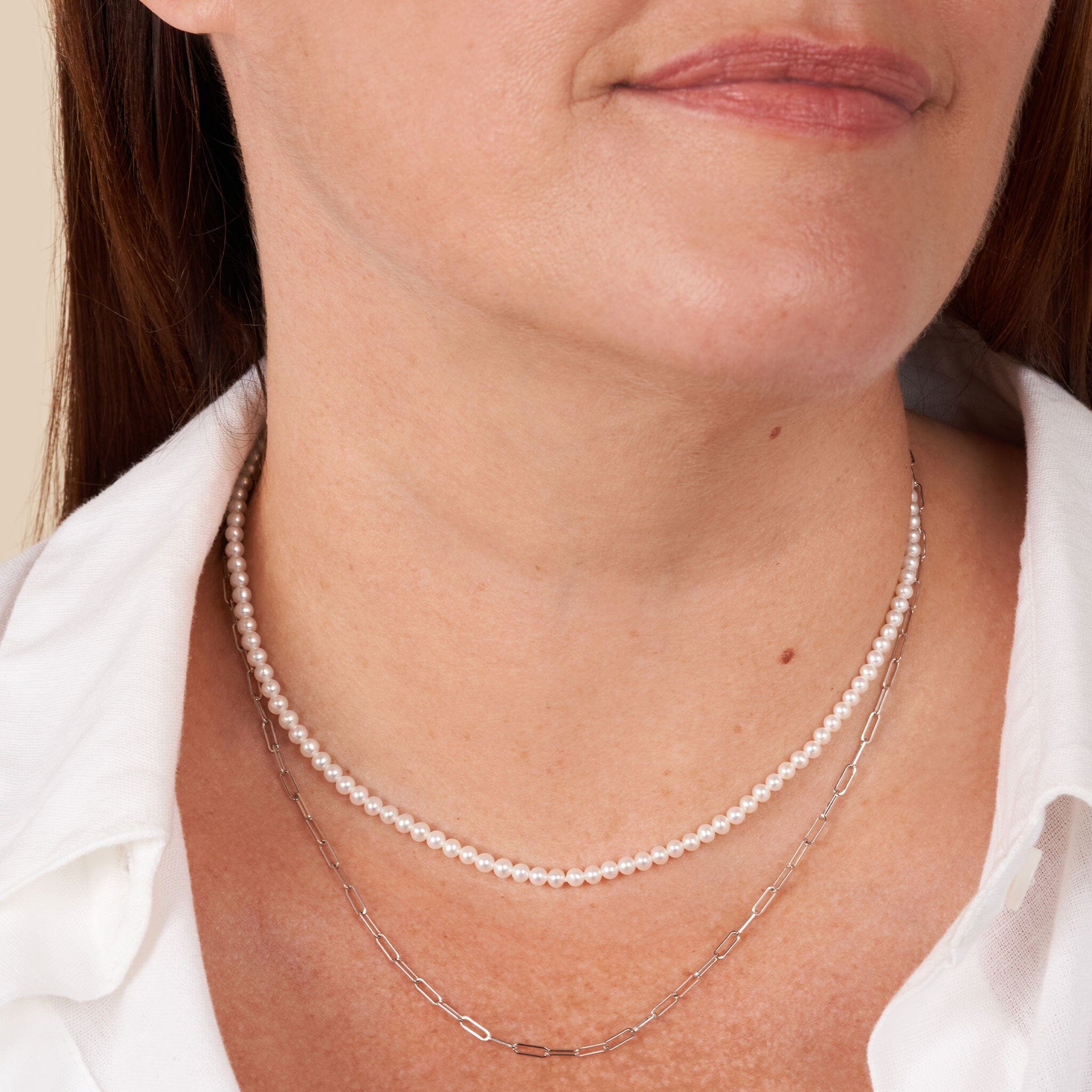 3.0-3.5 mm AAA Freshwater Pearl Necklace with Paperclip Chain Set - White Gold, 16 Inch on model