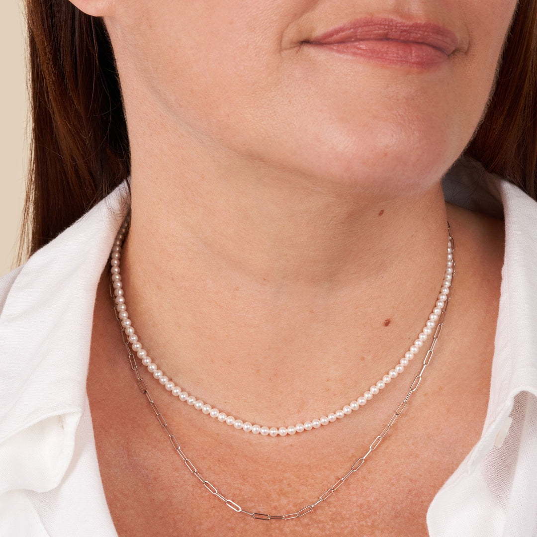 3.0-3.5 mm AAA Freshwater Pearl Necklace with Paperclip Chain Set - White Gold, 16 Inch on model