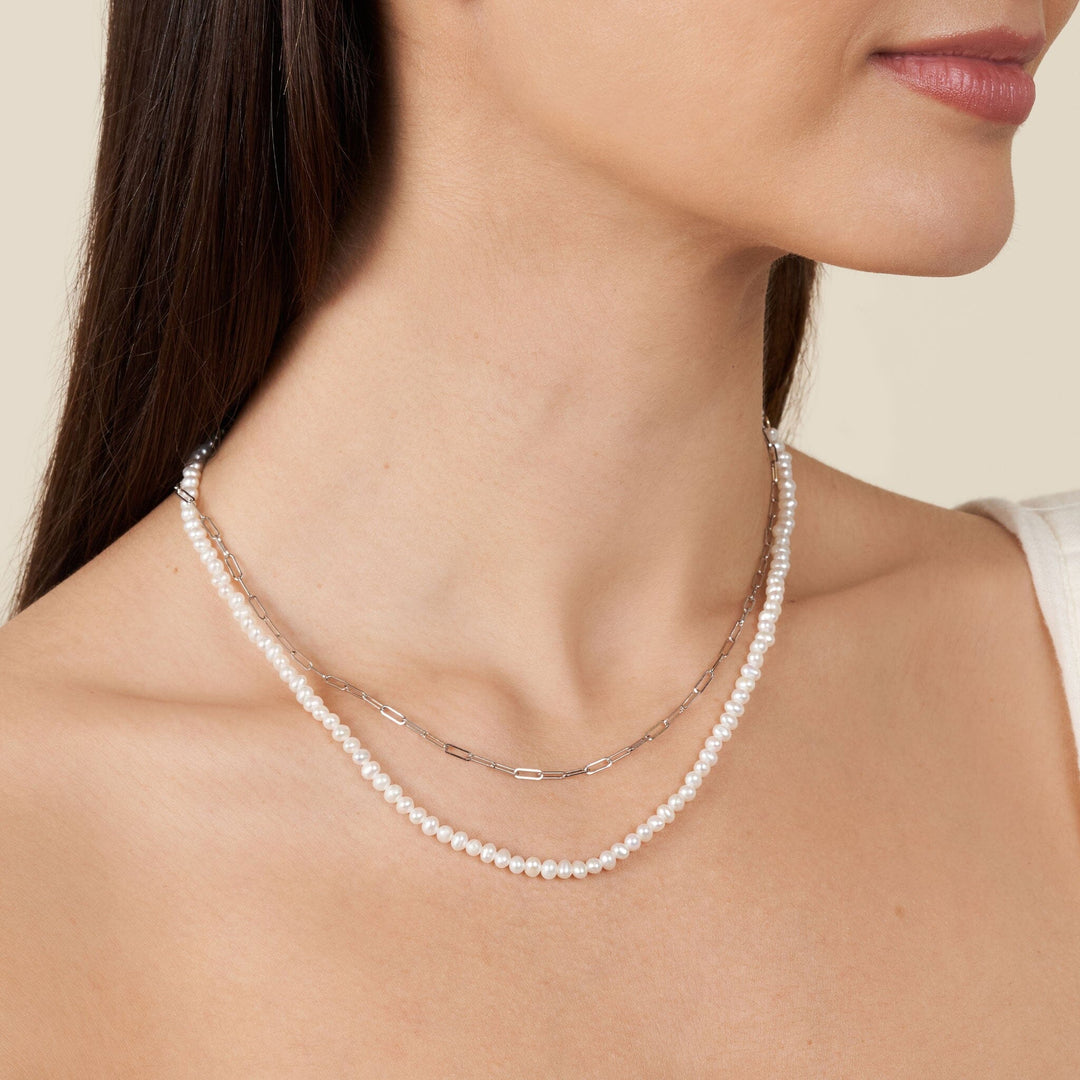 3.5-4.0 mm AA+ Freshwater Pearl Necklace with Paperclip Chain Set (White Gold and 18 Inch) on model