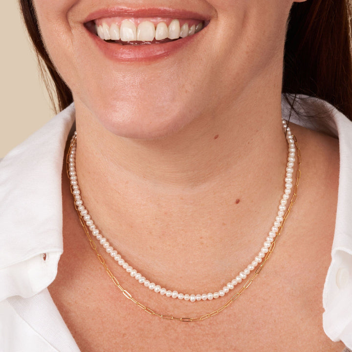 3.5-4.0 mm AA+ Freshwater Pearl Necklace with Paperclip Chain Set (Yellow Gold and 18 Inch) on model