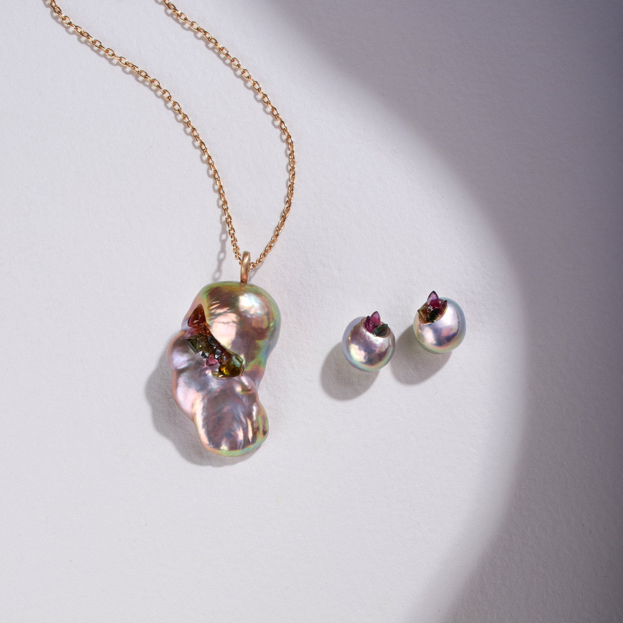 Freshwater Metallic Souffle and Drop Pearl Spiral Pendant and Point Stud Earring Set with Tourmaline