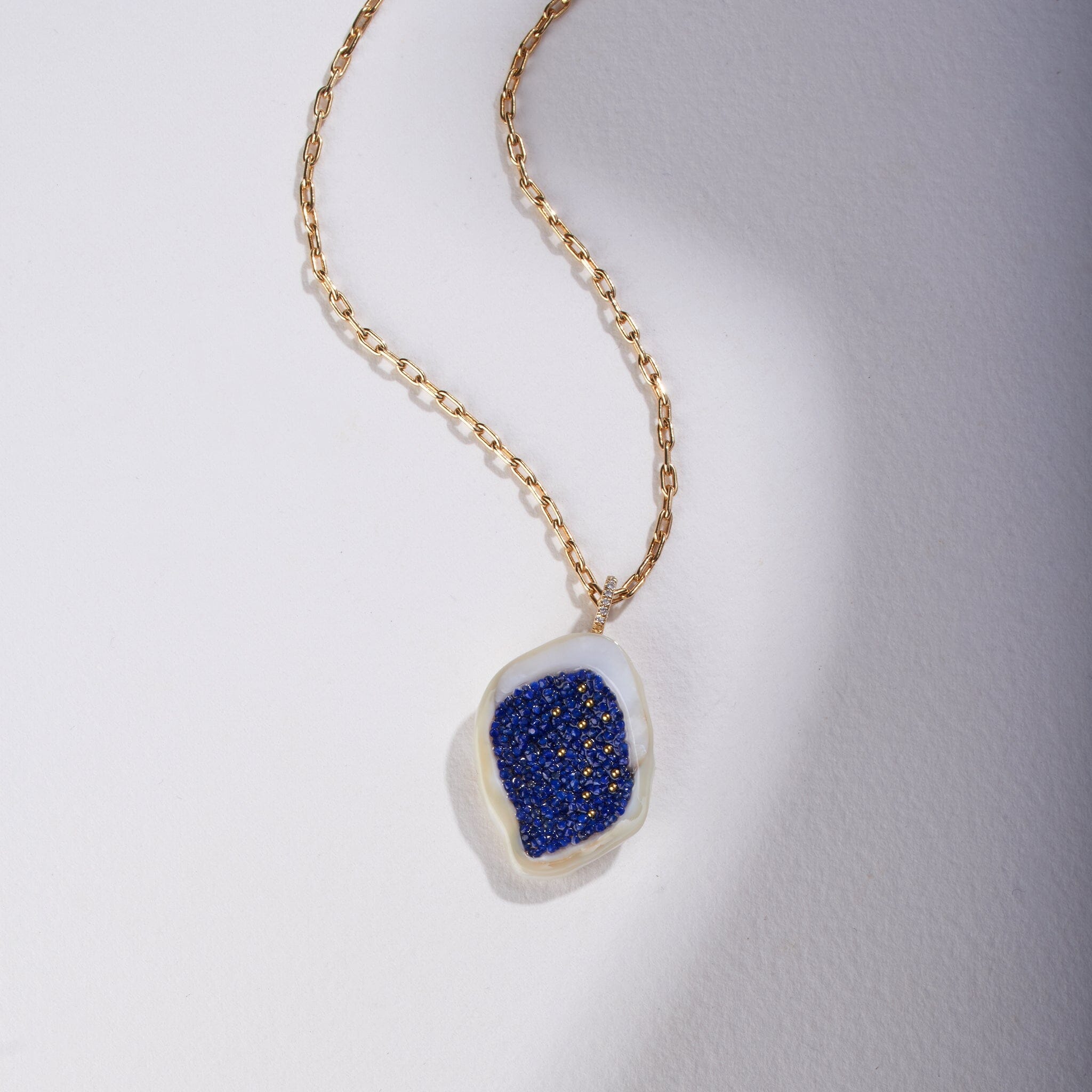 Freshwater Souffle Pearl Geode Pendant with Lapis, 22K Gold Beads and Diamond Bail