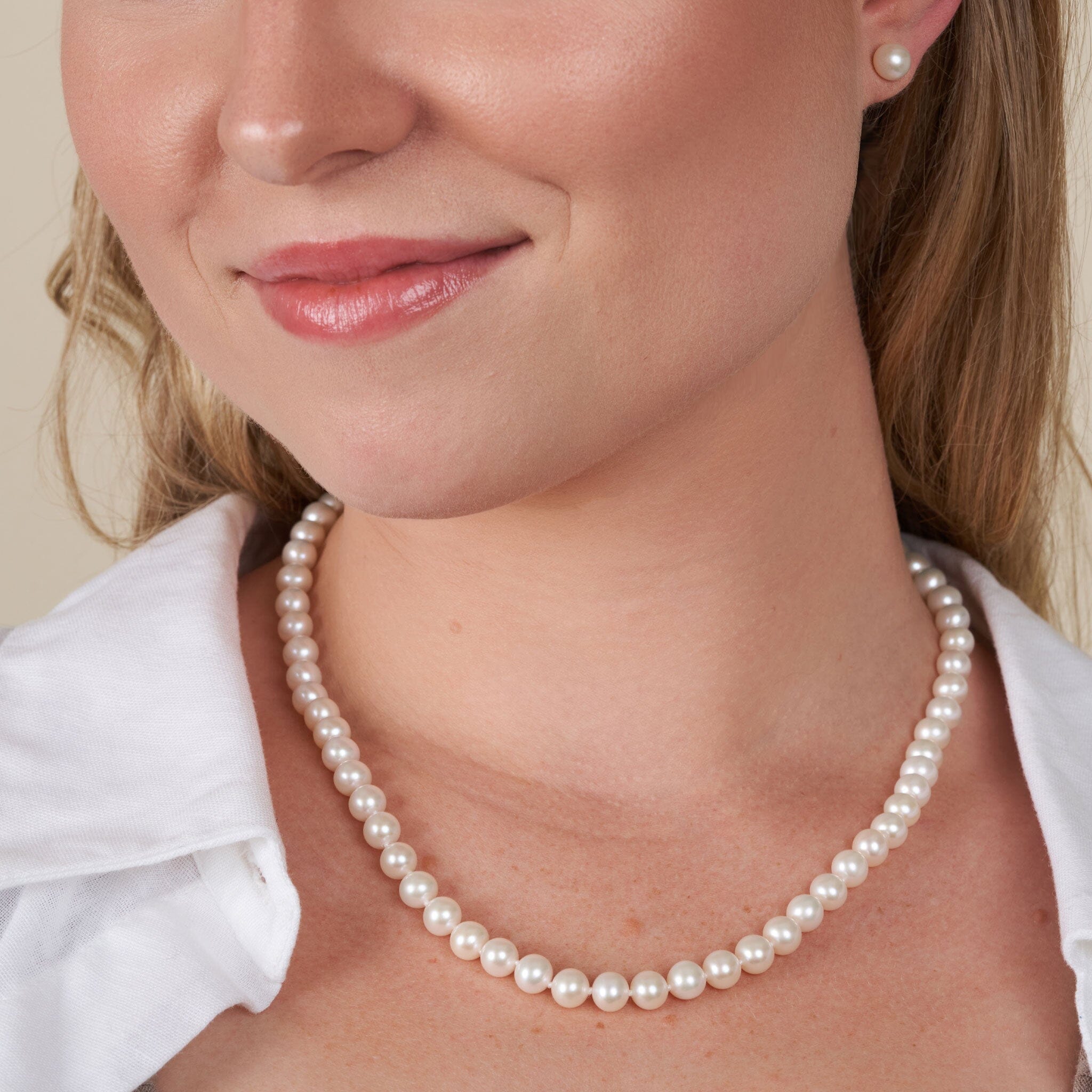 6.5-7.0 mm AAA White Freshwater Pearl 18 Inch Necklace and Stud Earring Set