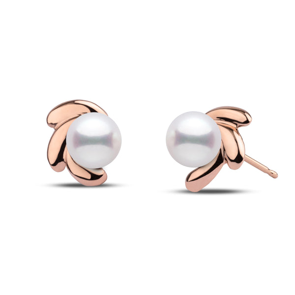 Bloom Collection 6.5-7.0 mm White Freshadama Pearl Earrings featuring lustrous white freshwater pearls set in polished rose gold floral-inspired stud settings.