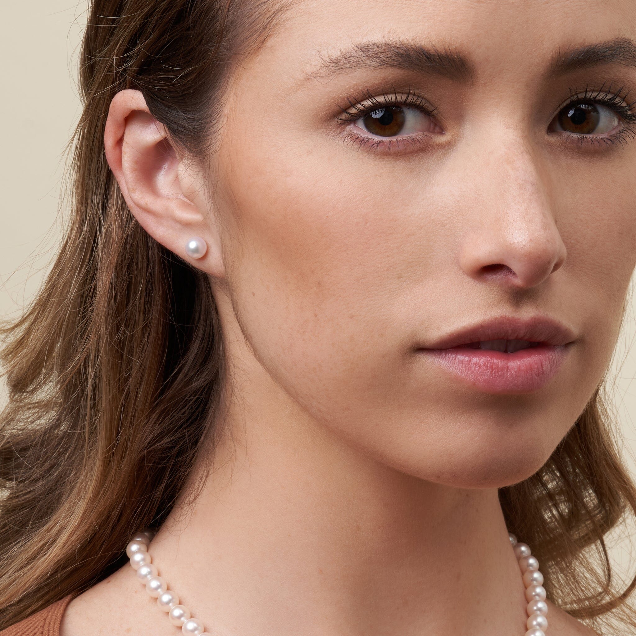 6.5-7.0 mm White Akoya AAA Pearl Stud Earrings on model