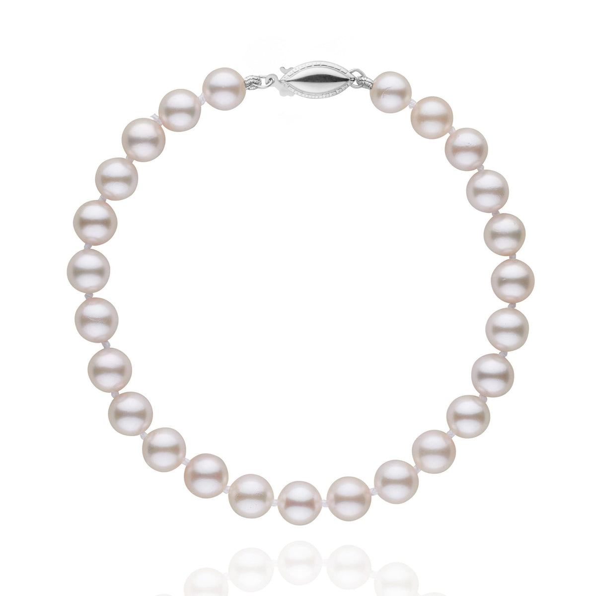6.0-6.5 mm White Akoya AA+ Pearl Bracelet showcasing a classic strand of round white akoya pearls with a 14K white gold clasp, elegant and timeless pearl jewelry piece.