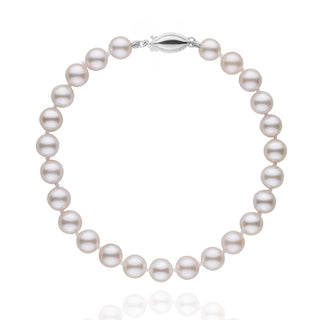 6.0-6.5 mm White Akoya AA+ Pearl Bracelet showcasing a classic strand of round white akoya pearls with a 14K white gold clasp, elegant and timeless pearl jewelry piece.