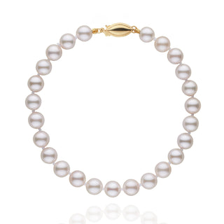 6.0-6.5 mm White Akoya AA+ Pearl Bracelet featuring lustrous white akoya pearls strung in a classic design with a gold clasp, perfect for elegant occasions.