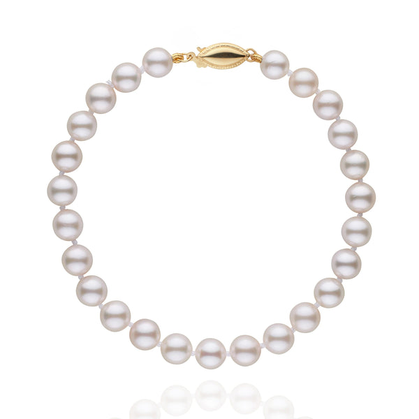 6.0-6.5 mm White Akoya AA+ Pearl Bracelet featuring lustrous white akoya pearls strung in a classic design with a gold clasp, perfect for elegant occasions.
