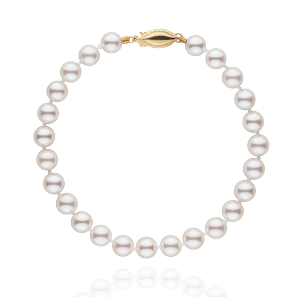 6.0-6.5 mm White Akoya AAA Pearl Bracelet featuring lustrous white akoya pearls and a gold clasp, elegantly arranged in a classic bracelet design.