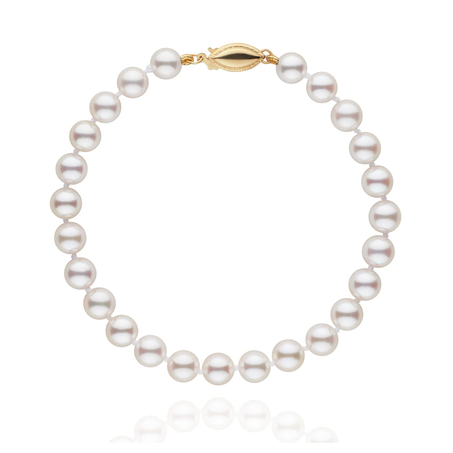6.0-6.5 mm White Akoya AAA Pearl Bracelet featuring lustrous white akoya pearls and a gold clasp, elegantly arranged in a classic bracelet design.