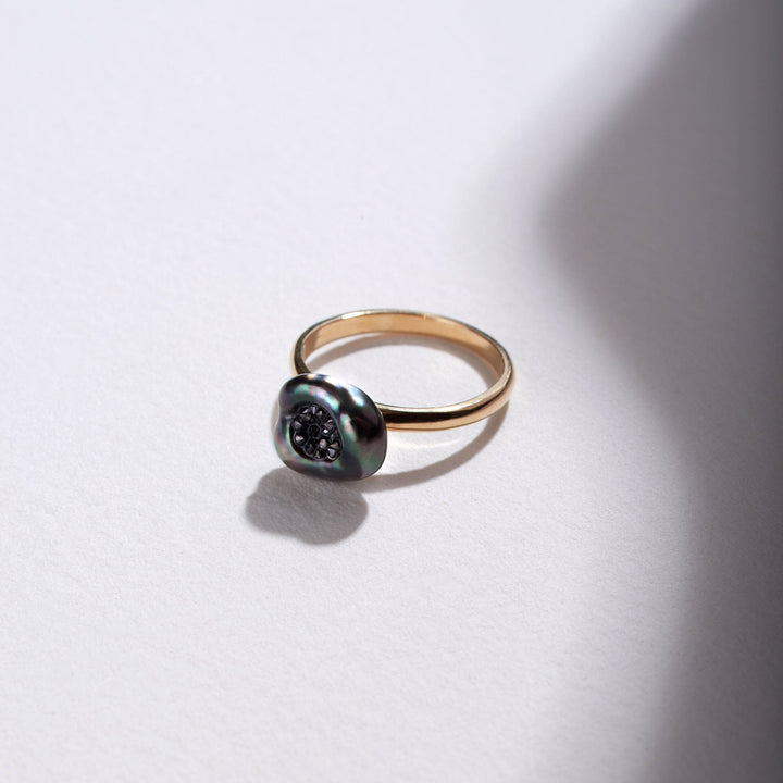 Tahitian Keshi Finestrino Pearl Ring with Black Diamond