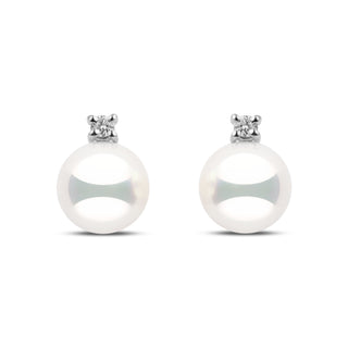 7.0–7.5 mm natural white Hanadama akoya pearl earrings with 0.06 cttw G-VS1 diamonds in 14k white gold. 