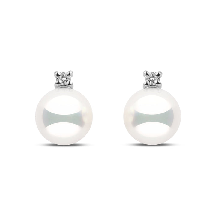 7.0–7.5 mm natural white Hanadama akoya pearl earrings with 0.06 cttw G-VS1 diamonds in 14k white gold. 