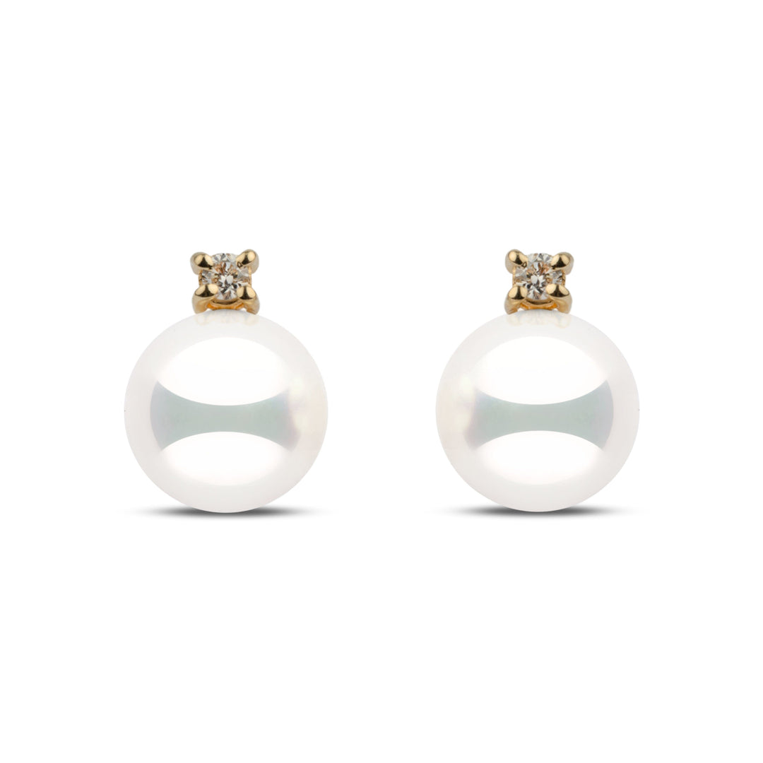 7.0–7.5 mm natural white Hanadama akoya pearl earrings with 0.06 cttw G-VS1 diamonds in 14k yellow gold. 