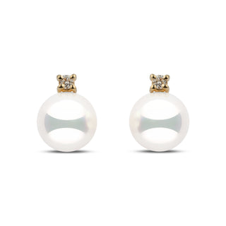 7.0–7.5 mm natural white Hanadama akoya pearl earrings with 0.06 cttw G-VS1 diamonds in 14k yellow gold. 