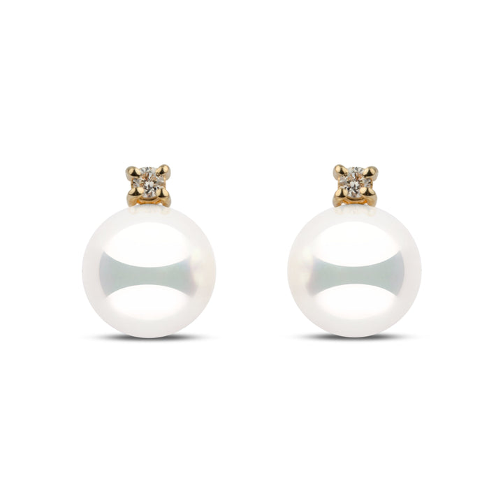 7.0–7.5 mm natural white Hanadama akoya pearl earrings with 0.06 cttw G-VS1 diamonds in 14k yellow gold. 